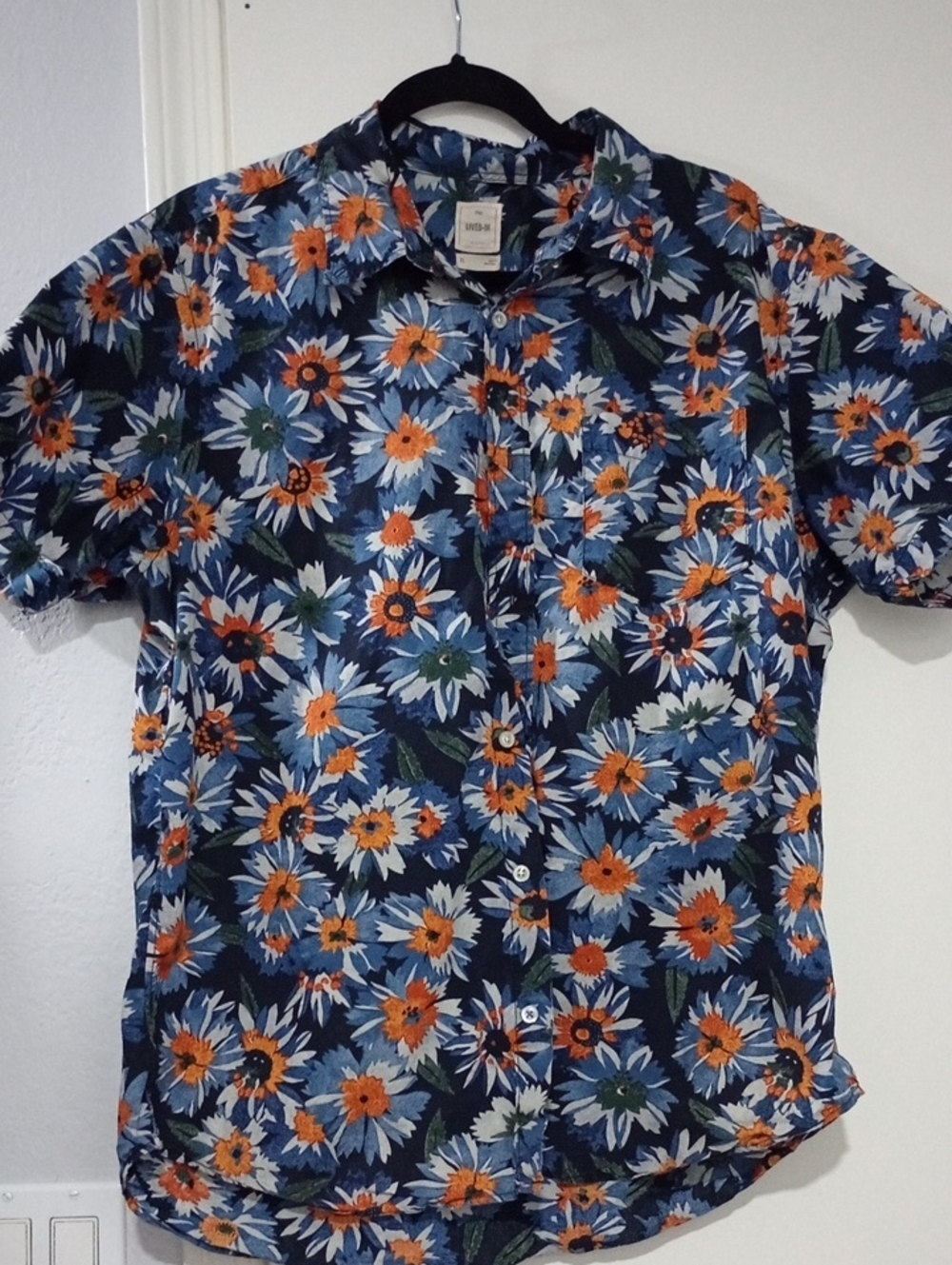 Men's Navy Floral Short-Sleeve Button-Up Shirt - Orange & Blue Size XL